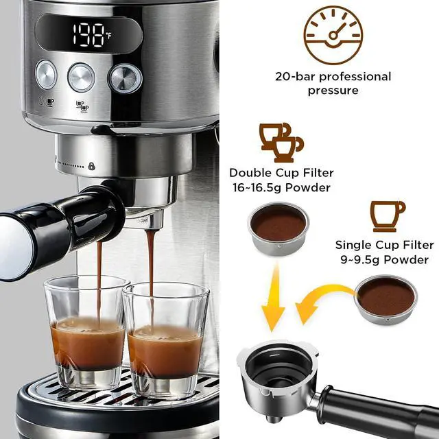 Alt view image 5 of 7 - 20 Bar Espresso Machine with Milk Frothing Steam Wand&Milk Frothing Pitcher 20 oz Milk Hand Held Frother Steamer Pitcher Jug Cup