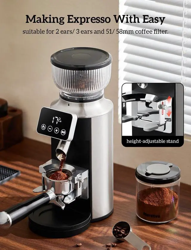 Alt view image 5 of 7 - Burr Coffee Grinder, 2 in 1 Professional Espresso Grinder Stainless Steel & Espresso Maker Stainless Steel Professional Coffee Machine Espresso