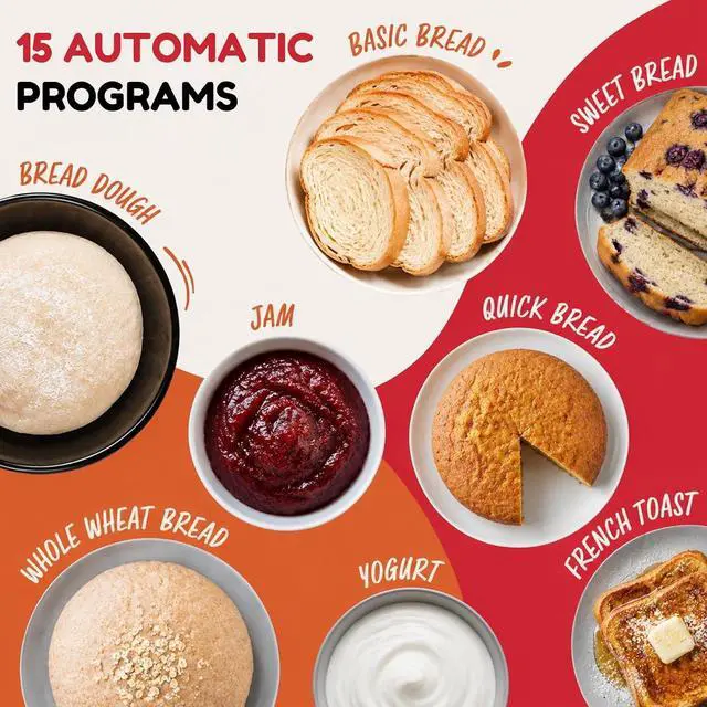 Alt view image 6 of 7 - Bread Machine 3.5LB Large Capacity, 850W Automatic Bread Maker with 15 Programs (Gluten Free, Homemade Memory, Dough Shortcut), 15H Delay Timer, 1H Keep Warm,Includes Heat Resistant Oven Mitts