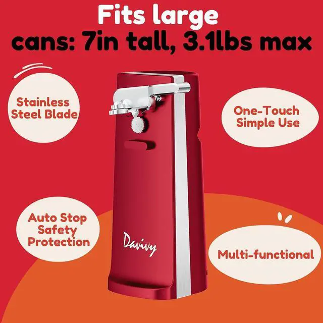 Alt view image 2 of 7 - Electric Can Opener, One Touch Lid Opener, Removable Stainless Steel Cutter and 3-in-1 Design, with Sharpener and Bottle Opener (Red-ABS)