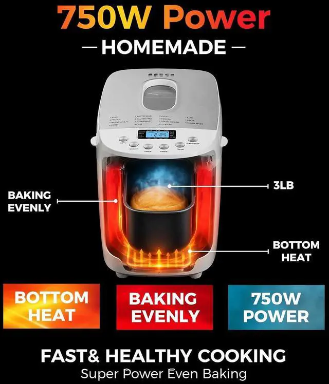 Alt view image 6 of 7 - 3LB Bread Maker, 15 Preset Programs with 4 Quick Mode, 15H Delay Timer & Keep Warm, 3 Loaf Sizes & 3 Crust Shades, Gluten-free, Homemade Bread, Dough, Cake, Yogurt & Jam
