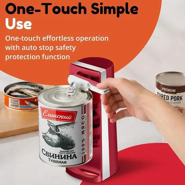 Alt view image 5 of 7 - Electric Can Opener, One Touch Lid Opener, Removable Stainless Steel Cutter and 3-in-1 Design, with Sharpener and Bottle Opener (Red-ABS)