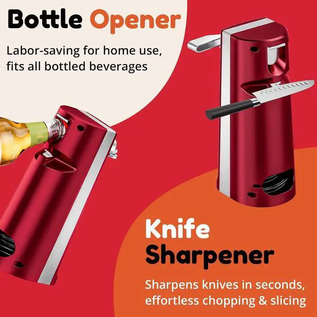 Alt view image 7 of 7 - Electric Can Opener, One Touch Lid Opener, Removable Stainless Steel Cutter and 3-in-1 Design, with Sharpener and Bottle Opener (Red-ABS)