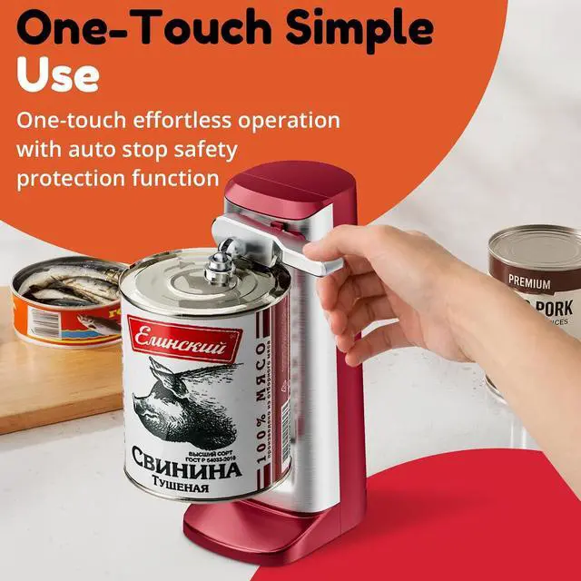 Alt view image 5 of 7 - Electric Can Opener, One Touch Lid Opener, Removable Stainless Steel Cutter and 3-in-1 Design, with Sharpener and Bottle Opener (Stainless Steel-Red)
