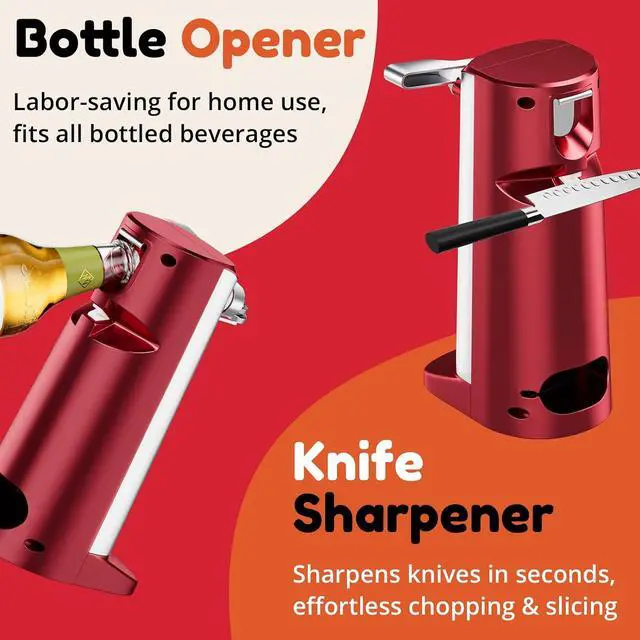 Alt view image 7 of 7 - Electric Can Opener, One Touch Lid Opener, Removable Stainless Steel Cutter and 3-in-1 Design, with Sharpener and Bottle Opener (Stainless Steel-Red)