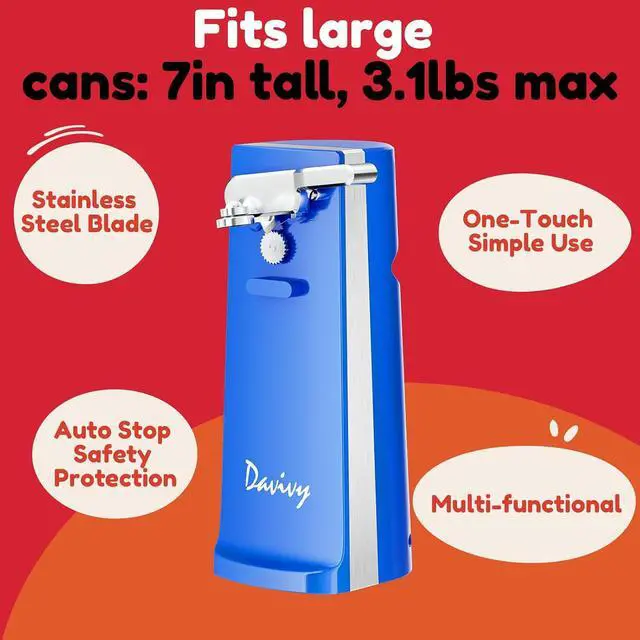 Alt view image 2 of 7 - Electric Can Opener, One Touch Lid Opener, Removable Stainless Steel Cutter and 3-in-1 Design, with Sharpener and Bottle Opener (Blue-ABS)