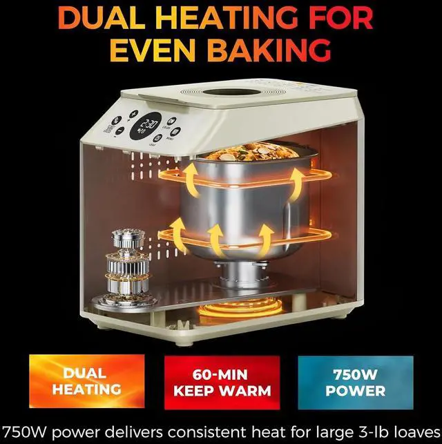 Alt view image 7 of 7 - 3 LB Bread Maker | 20-in-1 Automatic Bread Machine, Ceramic Nonstick Pan & Auto Fruit Nut Dispenser, 750W Dual Heaters, Quiet Motor, 15H Delay Timer, Sourdough, Gluten free