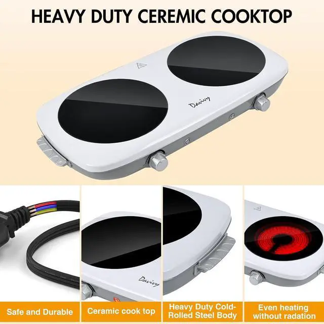 Alt view image 3 of 6 - Double Burner Hot Plate Electric, 1800W Portable Electric Cooktop Burner with 7.9 Inch Crystallite Ceramic Glass, Dual Hot Plate for Cooking, 2 Burner Hot Plate for Camping Dorm RV, Lightweight