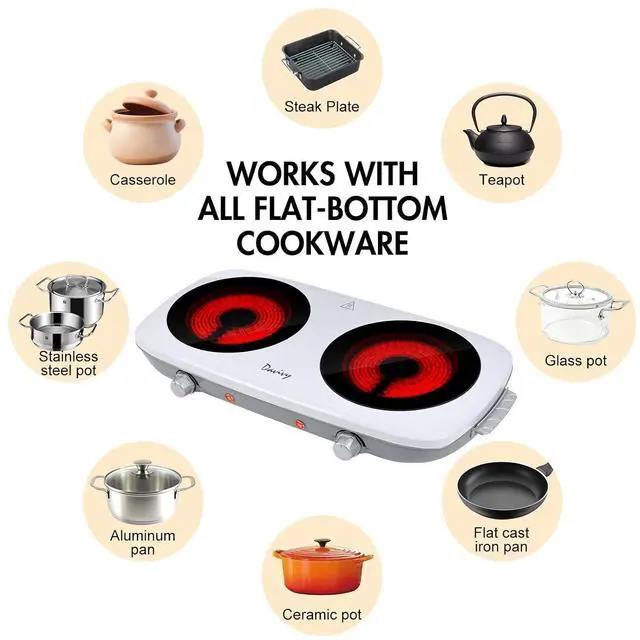Alt view image 4 of 6 - Double Burner Hot Plate Electric, 1800W Portable Electric Cooktop Burner with 7.9 Inch Crystallite Ceramic Glass, Dual Hot Plate for Cooking, 2 Burner Hot Plate for Camping Dorm RV, Lightweight