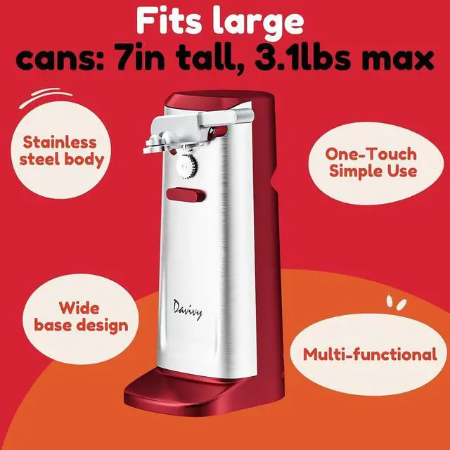 Alt view image 2 of 7 - Electric Can Opener, Removable Stainless Steel Cutter and 3-in-1 Design with Sharpener and Bottle Opener (Red-Stainless Steel)