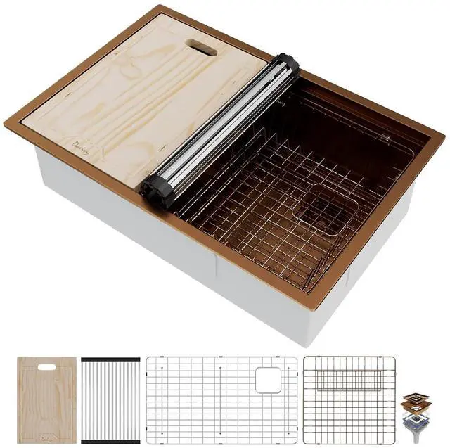 Main image of 31 Inch Kitchen Sink, 31x21 Inch Single Bowl Undermount Workstation Sink with Double Track, 16 Gauge Rose Gold Stainless Steel Work Station Kitchen Sink with Multiple Accessories