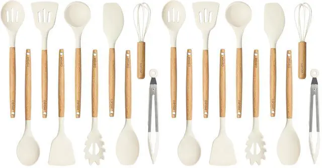 Main image of Silicone Cooking Utensils Set, Kitchen Utensils Set 10 Pcs for cooking, BPA Free Spatula Set with Heat Resistant Wood Handles for Nonstick Cookware (Cream White) (Pack of 2)