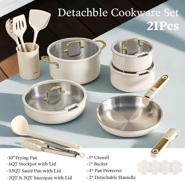 Alt view image 2 of 7 - 21pcs Tri-Ply Stainless Steel Cookware Set with Detachable Handle