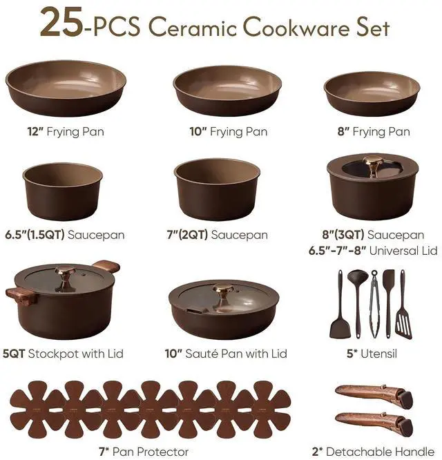 Alt view image 2 of 7 - 25pcs Ceramic Cookware Set, Pots and Pans Set with Detachable Handle