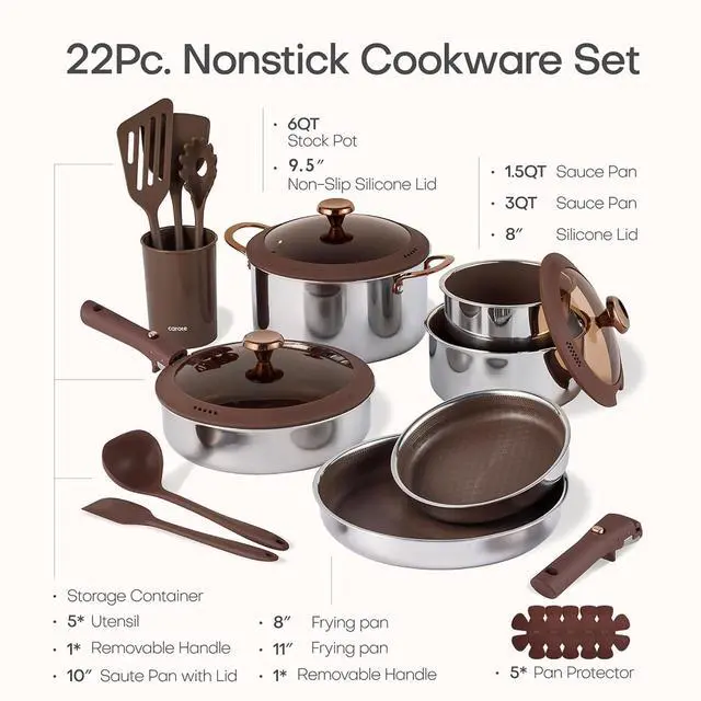 Alt view image 2 of 7 - 22pcs Hybrid Nonstick Pots and Pans Set, Stainless Steel Cookware Set with Honeycomb Titanium Interior, Induction Safe, Oven Safe, Brown (PFOS, PFOA Free)