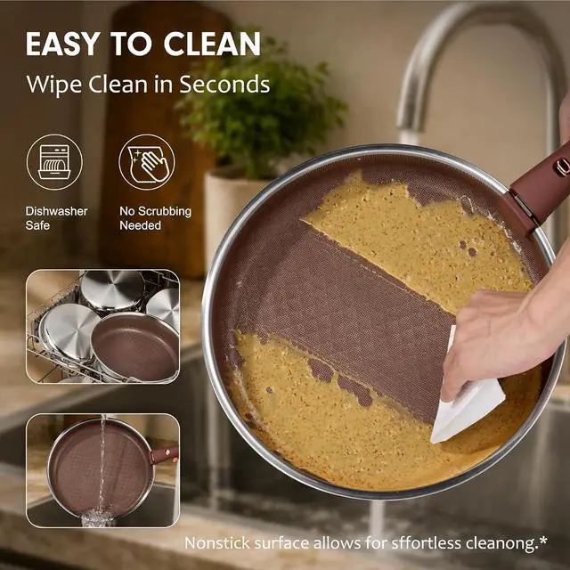 Alt view image 5 of 7 - 22pcs Hybrid Nonstick Pots and Pans Set, Stainless Steel Cookware Set with Honeycomb Titanium Interior, Induction Safe, Oven Safe, Brown (PFOS, PFOA Free)