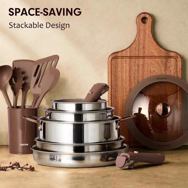 Alt view image 6 of 7 - 22pcs Hybrid Nonstick Pots and Pans Set, Stainless Steel Cookware Set with Honeycomb Titanium Interior, Induction Safe, Oven Safe, Brown (PFOS, PFOA Free)