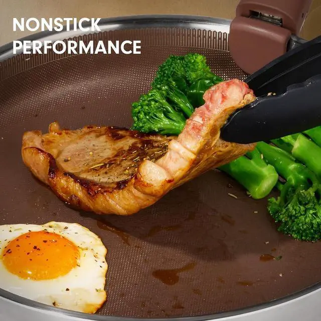 Alt view image 4 of 7 - 22pcs Hybrid Nonstick Pots and Pans Set, Stainless Steel Cookware Set with Honeycomb Titanium Interior, Induction Safe, Oven Safe, Brown (PFOS, PFOA Free)
