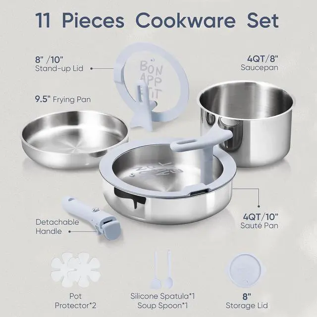 Alt view image 2 of 7 - Tri-Ply Stainless Steel Cookware Set with Stand-Up Lid, 11Pcs Pots and Pans Set Non Stick, Induction Kitchen Cooking Sets with Detachable Handle, Oven Safe to 600°F, Non Toxic Dishwasher