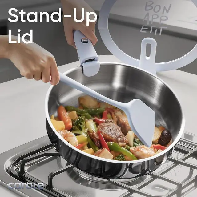 Alt view image 4 of 7 - Tri-Ply Stainless Steel Cookware Set with Stand-Up Lid, 11Pcs Pots and Pans Set Non Stick, Induction Kitchen Cooking Sets with Detachable Handle, Oven Safe to 600°F, Non Toxic Dishwasher