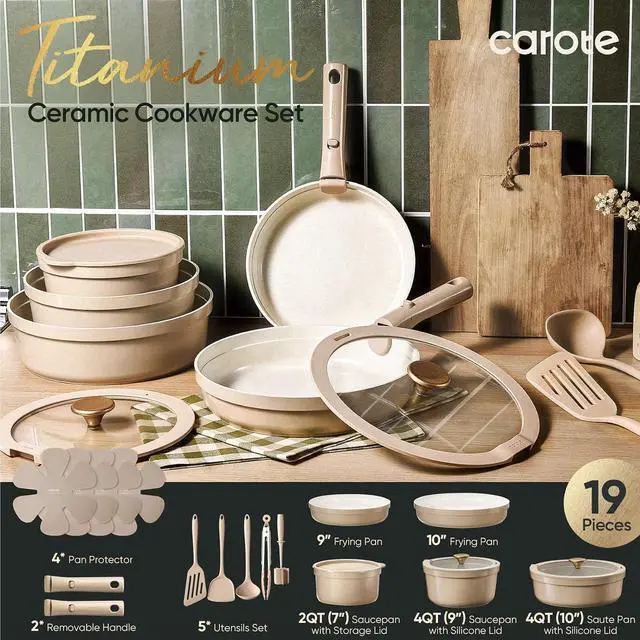 Alt view image 2 of 7 - 19 Pcs Ceramic Cookware Set Titanium Nonstick with Detachable Handles, Non Toxic Cookware, Pots and Pans Set Non Stick Removable Handles, Induction Available, Kitchen Cooking, Dishwasher Safe