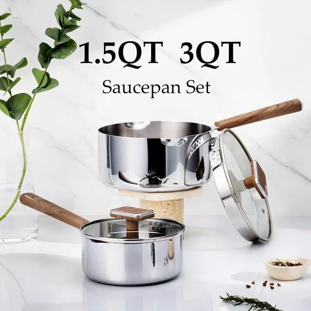 Alt view image 2 of 7 - 1.5Qt & 3Qt Stainless Steel Saucepan Set, Triple Ply Stainless Steel Pot, Saucepan with Glass Lid, Small Sauce Pot with Wooden Handle, Easy Pour Rim
