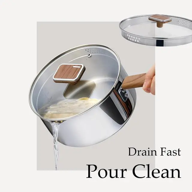 Alt view image 3 of 7 - 1.5Qt & 3Qt Stainless Steel Saucepan Set, Triple Ply Stainless Steel Pot, Saucepan with Glass Lid, Small Sauce Pot with Wooden Handle, Easy Pour Rim