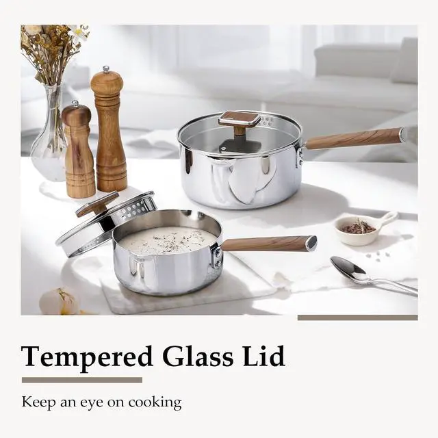 Alt view image 5 of 7 - 1.5Qt & 3Qt Stainless Steel Saucepan Set, Triple Ply Stainless Steel Pot, Saucepan with Glass Lid, Small Sauce Pot with Wooden Handle, Easy Pour Rim