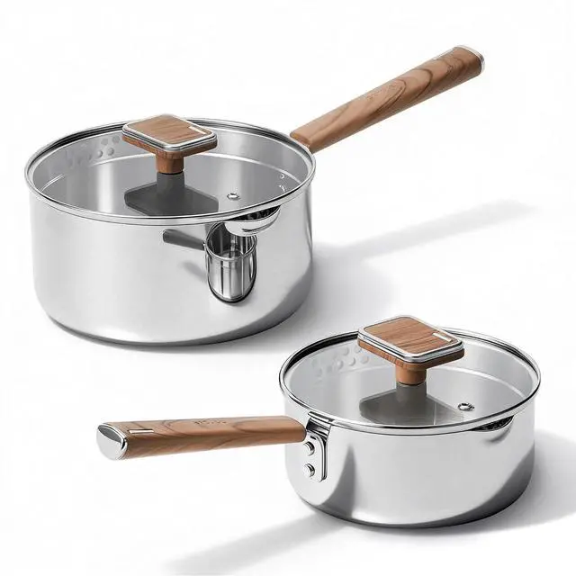 Main image of 1.5Qt & 3Qt Stainless Steel Saucepan Set, Triple Ply Stainless Steel Pot, Saucepan with Glass Lid, Small Sauce Pot with Wooden Handle, Easy Pour Rim