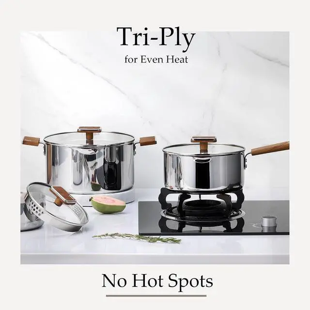 Alt view image 6 of 7 - 1.5Qt & 3Qt Stainless Steel Saucepan Set, Triple Ply Stainless Steel Pot, Saucepan with Glass Lid, Small Sauce Pot with Wooden Handle, Easy Pour Rim