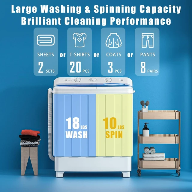 Alt view image 3 of 6 - Portable Washing Machine, 28lbs Twin Tub Washer Mini Compact Laundry Machine with Drain Pump, Semi-automatic 18lbs Washer 10lbs Spinner Combo for Dorms, Apartments, RVs