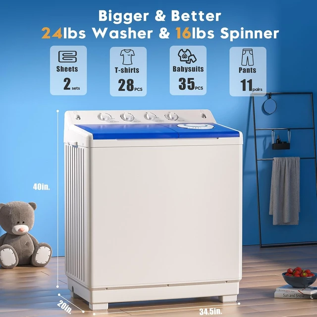 Alt view image 2 of 7 - Portable Washing Machine, 40lbs Twin Tub Washer Large Laundry Machine with Drain Pump, Semi-automatic 24lbs Washer 16lbs Spinner Combo for Dorms, Apartments, RVs