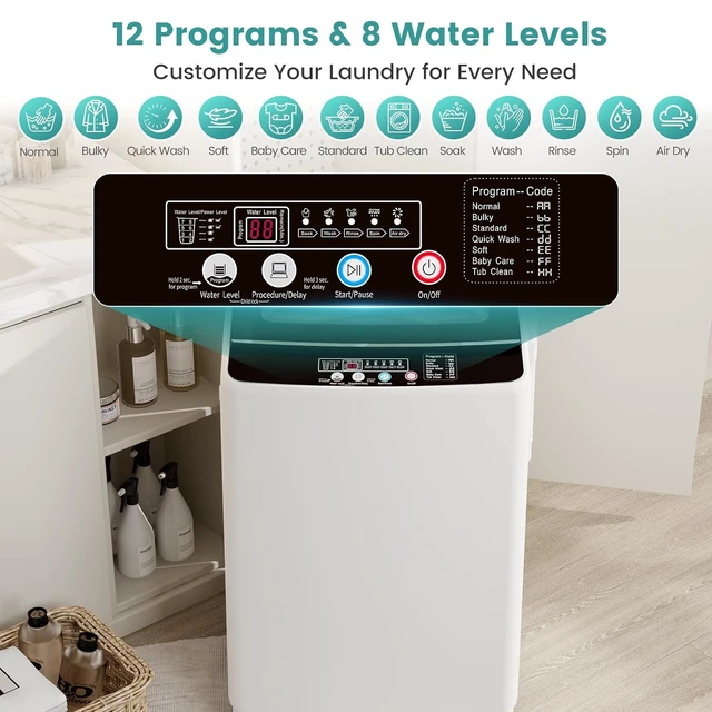 Alt view image 2 of 7 - 35 lbs Washing Machine, Fully Automatic Portable Washer with LED Display, 12 Wash Cycles, 8 Water Levels, Large Capacity Washer and Spin Dryer Combo with Drain Pump for Apartment, Home
