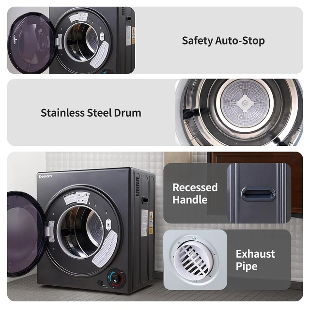 Alt view image 5 of 7 - Portable Dryer 3.0 cu.ft, 1500W Compact Dryer with Stainless Steel Tub, 4 Drying Mode, Overheat Protection, Apartment, Dorms, RVs, Black