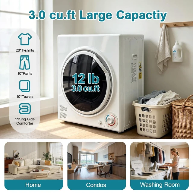 Alt view image 2 of 7 - 3.0 Cu.Ft Portable Dryer for Clothes, 1500W Dryer, 4 Drying Mode