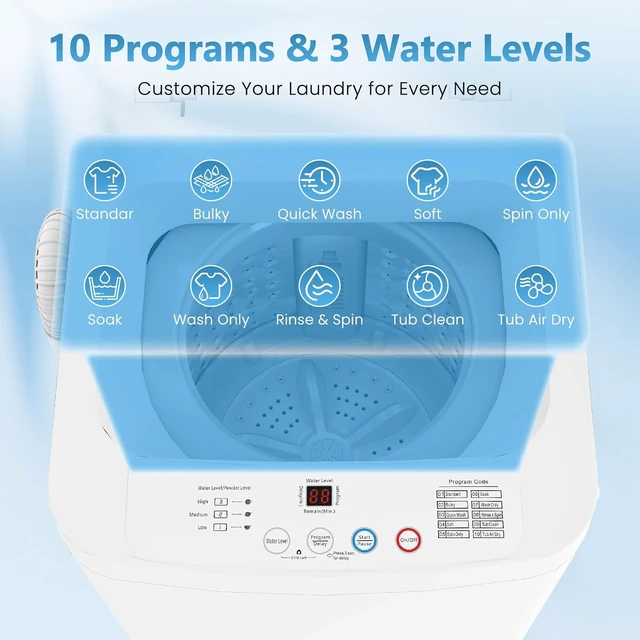 Alt view image 2 of 7 - Portable Washing Machine, 0.9 cu.ft Compact Fully Automatic Washer with Drain Pump, 10 Programs, 3 Water Levels, Small Washer Dryer Combo for Apartment, RV, Dorm