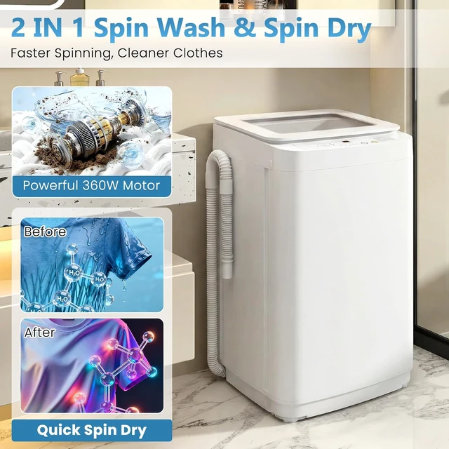 Alt view image 3 of 7 - Portable Washing Machine, 0.9 cu.ft Compact Fully Automatic Washer with Drain Pump, 10 Programs, 3 Water Levels, Small Washer Dryer Combo for Apartment, RV, Dorm