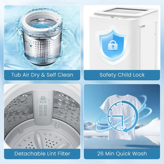 Alt view image 4 of 7 - Portable Washing Machine, 0.9 cu.ft Compact Fully Automatic Washer with Drain Pump, 10 Programs, 3 Water Levels, Small Washer Dryer Combo for Apartment, RV, Dorm