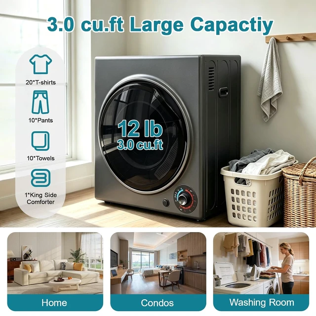 Alt view image 2 of 7 - 3.0 Cu.Ft Portable Dryer for Clothes, 1500W Dryer, 4 Drying Mode