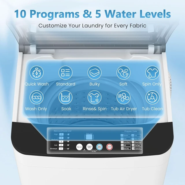 Alt view image 2 of 7 - Portable Washing Machine, 2.4 cu.ft Capacity Fully Automatic Washer with Drain Pump, 10 Programs, 5 Water Levels, Portable Washer Dryer Combo for Apartment, RV, Dorm
