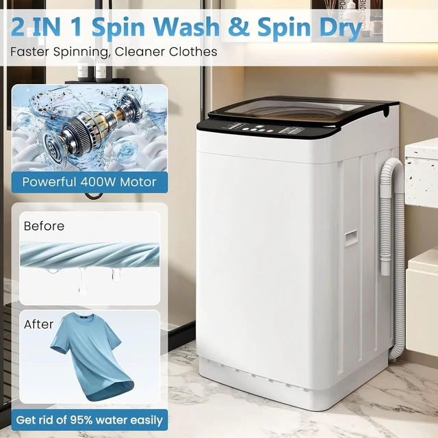 Alt view image 3 of 7 - Portable Washing Machine, 2.4 cu.ft Capacity Fully Automatic Washer with Drain Pump, 10 Programs, 5 Water Levels, Portable Washer Dryer Combo for Apartment, RV, Dorm