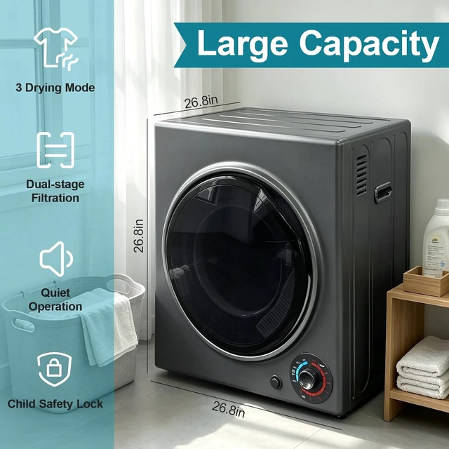 Alt view image 6 of 7 - 3.0 Cu.Ft Portable Dryer for Clothes, 1500W Dryer, 4 Drying Mode
