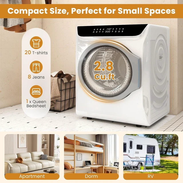 Alt view image 3 of 7 - 2.8 CU. FT. Portable Dryers for Laundry, Compact Clothes Dryer with Stainless Steel Tub & Boot Dryer,1400W Dryer Machine, Electric Dryer with LED Control for Apartment, Dorm, RV, White