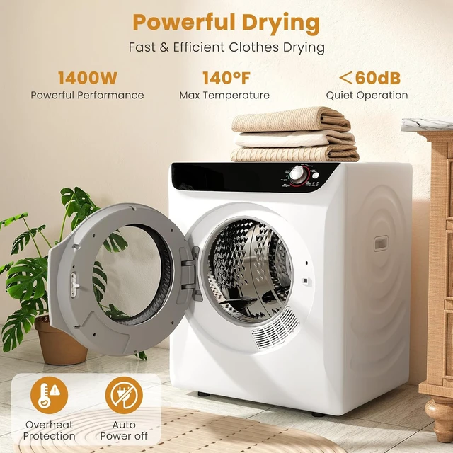 Alt view image 4 of 7 - 2.6 CU. FT. Portable Dryers for Laundry, Compact Clothes Dryer with Stainless Steel Tub, 1400W Dryer Machine, Electric Dryer with Control Knob for Apartment, Dorm, RV, White
