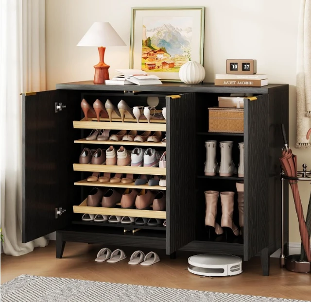 Alt view image 2 of 4 - Vlsrka Rotating Shoe Storage Cabinet with Doors and 6 Tier Shelves, Black | Suitable for 18 Pairs Shoe Organizer, Freestanding, Pull Out Shoe Rack, Wooden Entryway Cabinet for Hallway, Closet, Indoor