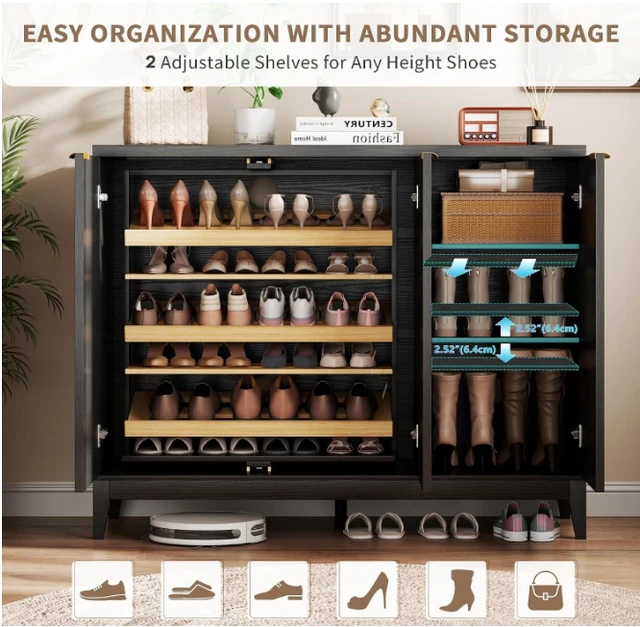 Alt view image 3 of 4 - Vlsrka Rotating Shoe Storage Cabinet with Doors and 6 Tier Shelves, Black | Suitable for 18 Pairs Shoe Organizer, Freestanding, Pull Out Shoe Rack, Wooden Entryway Cabinet for Hallway, Closet, Indoor