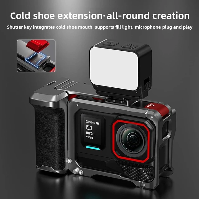 Alt view image 3 of 7 - Aluminum Alloy Camera Cage, Grip Holder Set, Integrated Handle Grip, Soft Rubber, Cold Shoe, 1/4 Inch Interface, Easy Battery Replacement for 360 Ace Pro 2
