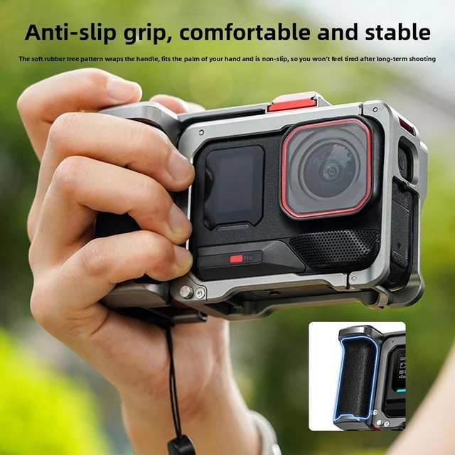 Alt view image 4 of 7 - Aluminum Alloy Camera Cage, Grip Holder Set, Integrated Handle Grip, Soft Rubber, Cold Shoe, 1/4 Inch Interface, Easy Battery Replacement for 360 Ace Pro 2