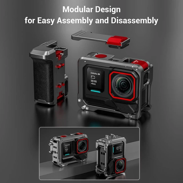Alt view image 5 of 7 - Aluminum Alloy Camera Cage, Grip Holder Set, Integrated Handle Grip, Soft Rubber, Cold Shoe, 1/4 Inch Interface, Easy Battery Replacement for 360 Ace Pro 2