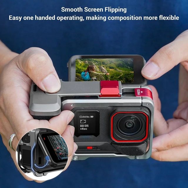 Alt view image 6 of 7 - Aluminum Alloy Camera Cage, Grip Holder Set, Integrated Handle Grip, Soft Rubber, Cold Shoe, 1/4 Inch Interface, Easy Battery Replacement for 360 Ace Pro 2